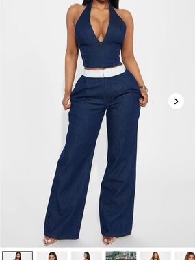 FASHION NOVA -diana 2 pc-Dark Denim Halter Crop Top & Wide Leg Pants Set - Navy